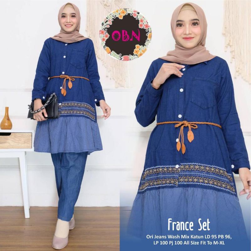 Setelan Tunik Jeans Wanita Kekinian France Series