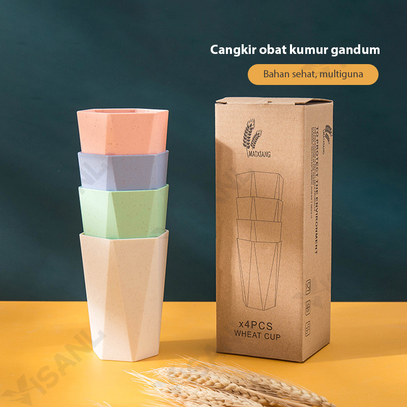 Gelas Wheatstraw Cangkir Plastik Cup Warna Warni Set 4 Pcs Kopi Teh Portable Gelas Plastik