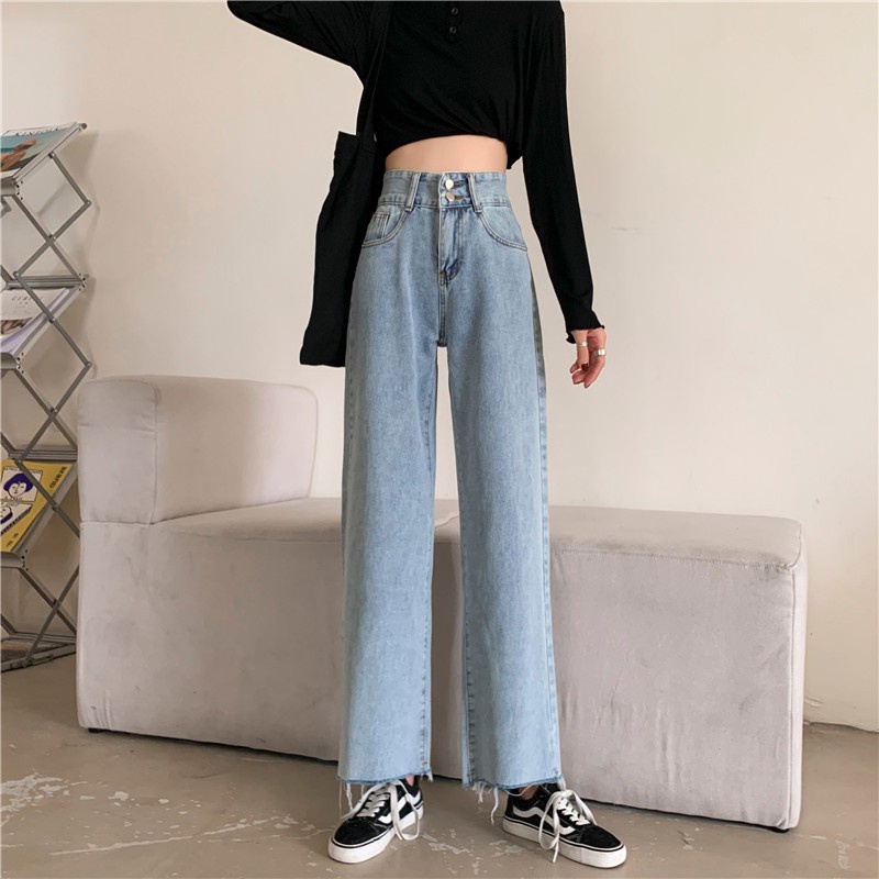 [chaoo.id]Jeans Retro Wanita Gaya Korea Celana Longgar Pinggang Tinggi