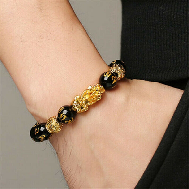 Gelang Feng Shui Warna Hitam Obsidian Pi Xiu Bahan Alloy Ukuran 10/12mm