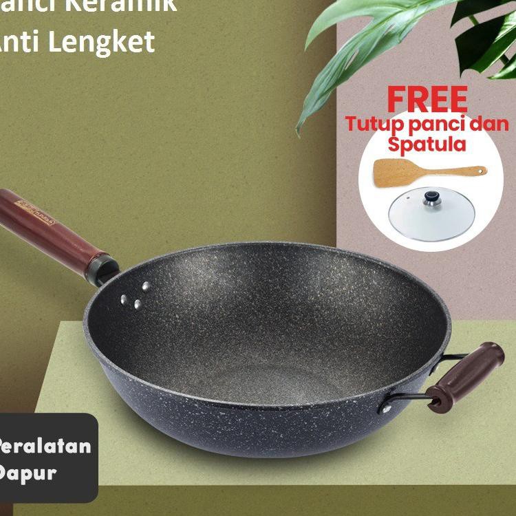 DISCOUNT BESAR Greenland Panci Keramik Anti Lengket Wajan Cekung Penggorengan Deep Wok 32cm Free Tut