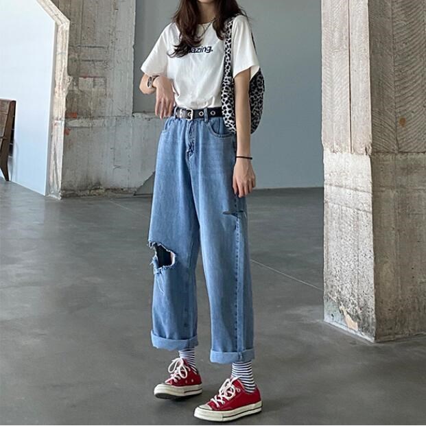 New korea biru murah celana jeans high waist wanita sobek