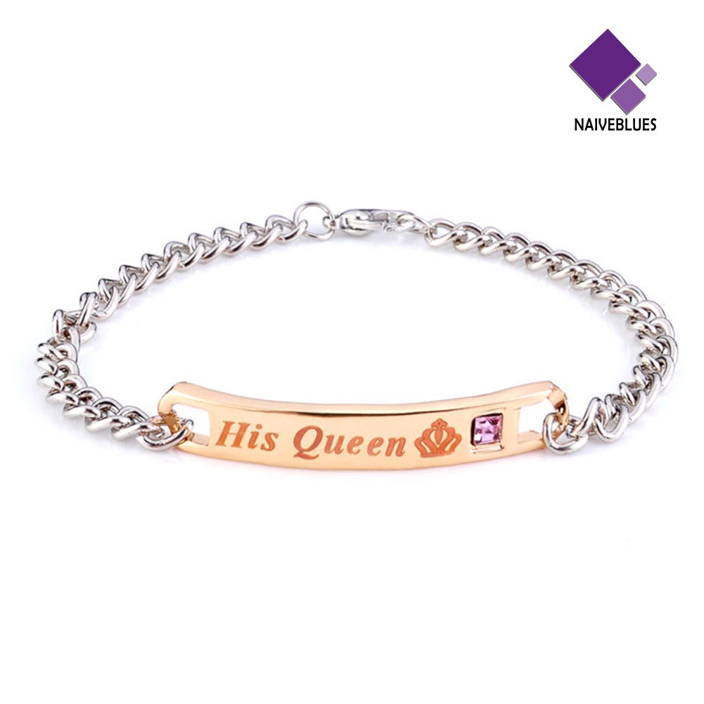 Naiveblue Gelang Tangan Rantai Baja Motif Tulisan His Queen / Her King Untuk Pasangan / Pria / Wanita