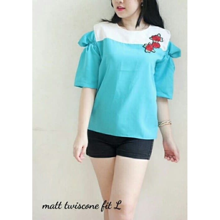 Jual- Blouse (M - Fit L) FILOTO TURKIS - Twistcone Bordir Tempel Murah dan Bagus