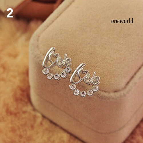 OW@ Fashion Women Elegant Shiny Rhinestone Love Letter Ear Stud Earrings Jewelry