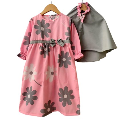 Gamis Katun Kerudung Polos Anak Motif Pink Bunga Abu