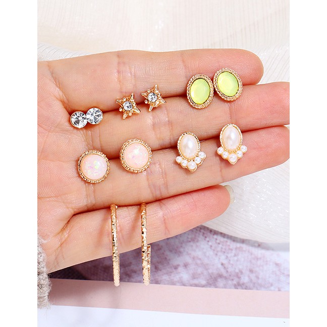 LRC Anting Set Fashion Gold Color Oval Shape Decorated Earrings(6pairs)