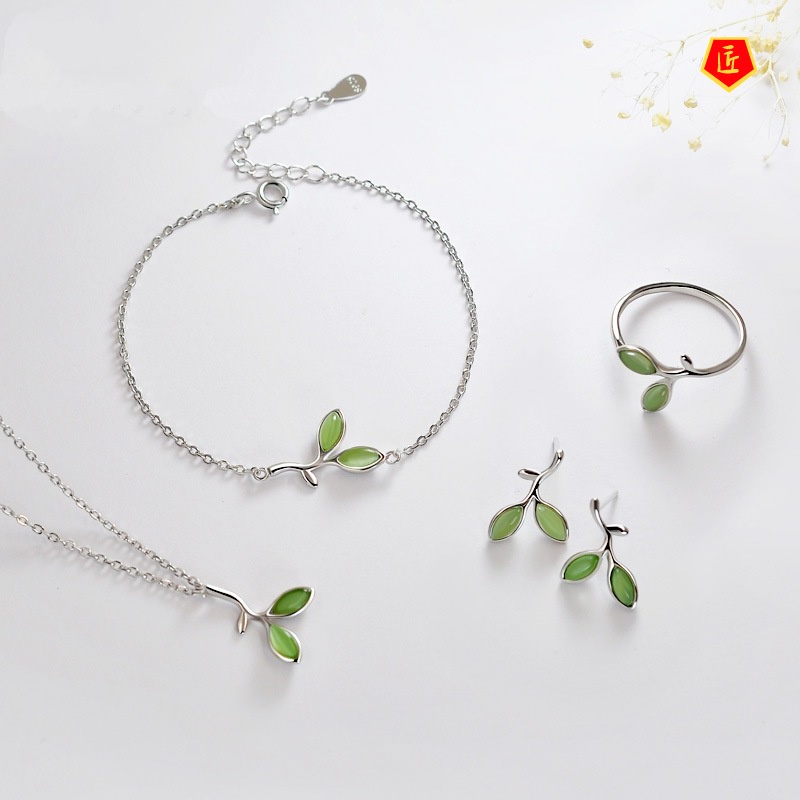 [Ready Stock]Silver Budding Green Opal Stud Earrings Bracelet Ring Suit