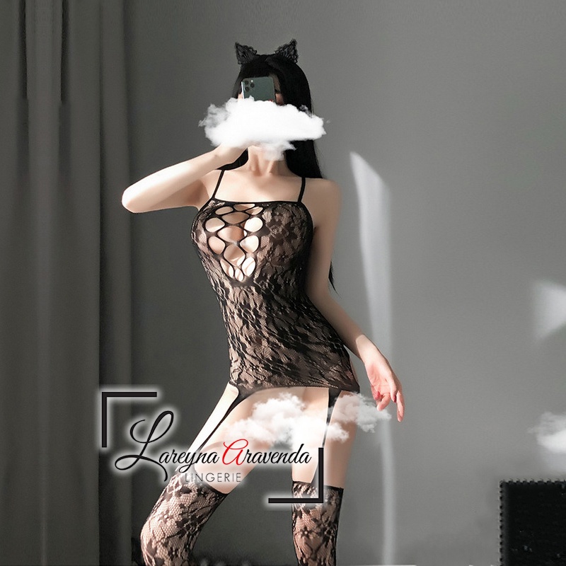 (COD) Lingerie One Piece Body Stocking Seksi Model Bee Flower LG404