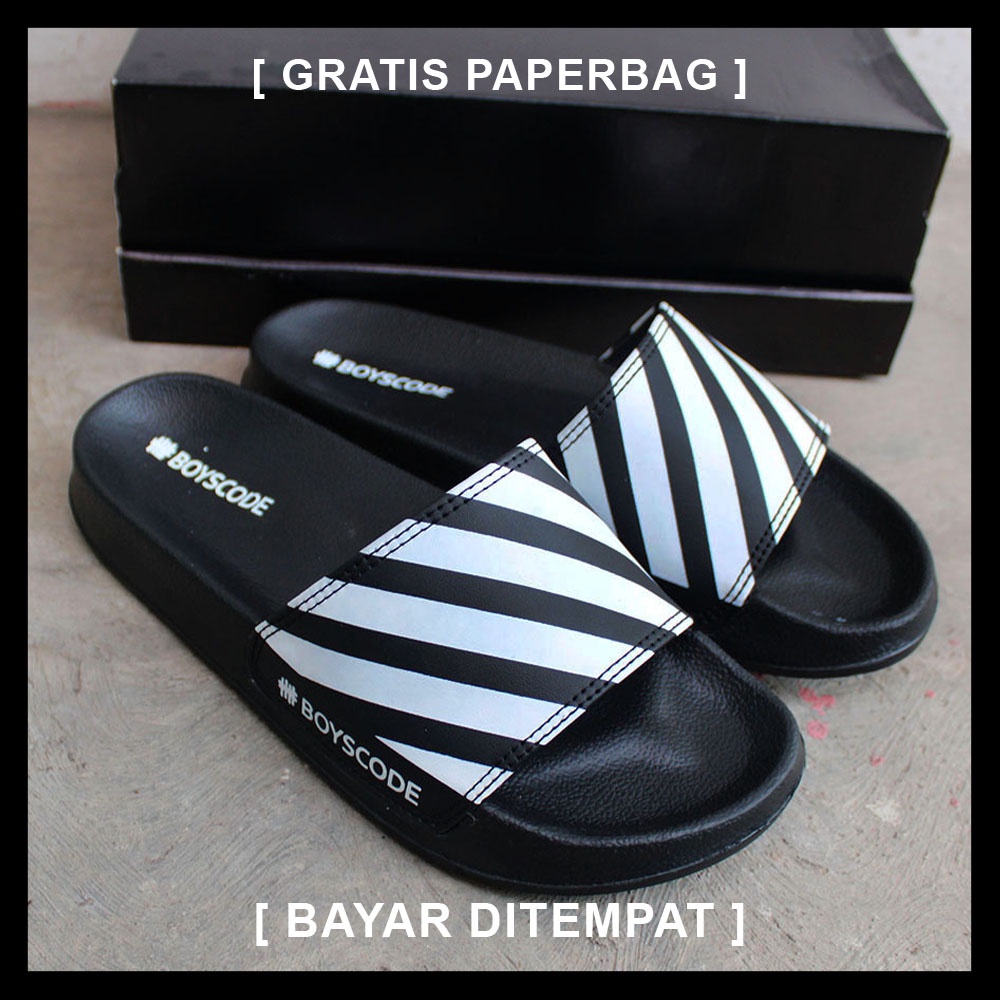 Sendal Selop Pria Distro Boyscode Motif Zebra Original Fullblack / Sendal Slide Pria / Slip On Pria