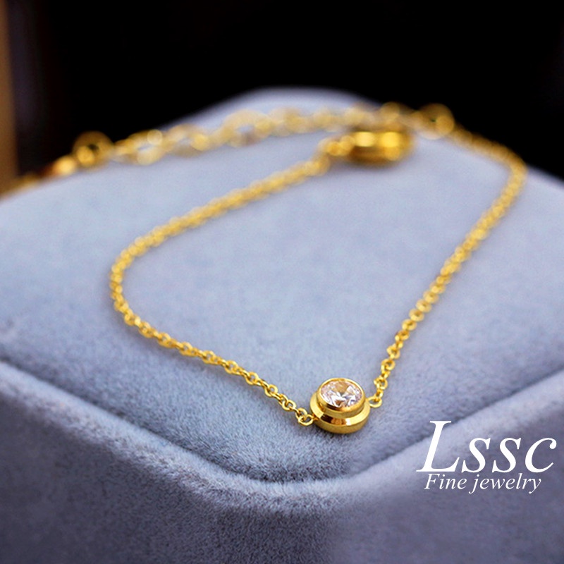 Gelang Titanium Berlian Satu Emas 18K Mewah Anti Karat Perhiasan Wanita Korea