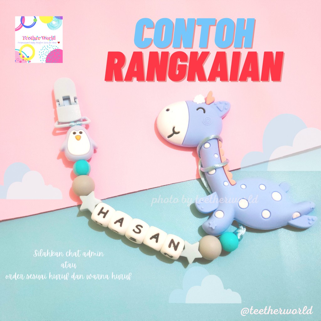 (FREE CASE) Set A Gigitan Bayi + Pacifier Clips / Tali Dot/ Tali Empeng/  Tali Custom Teetherworld-4 Huruf
