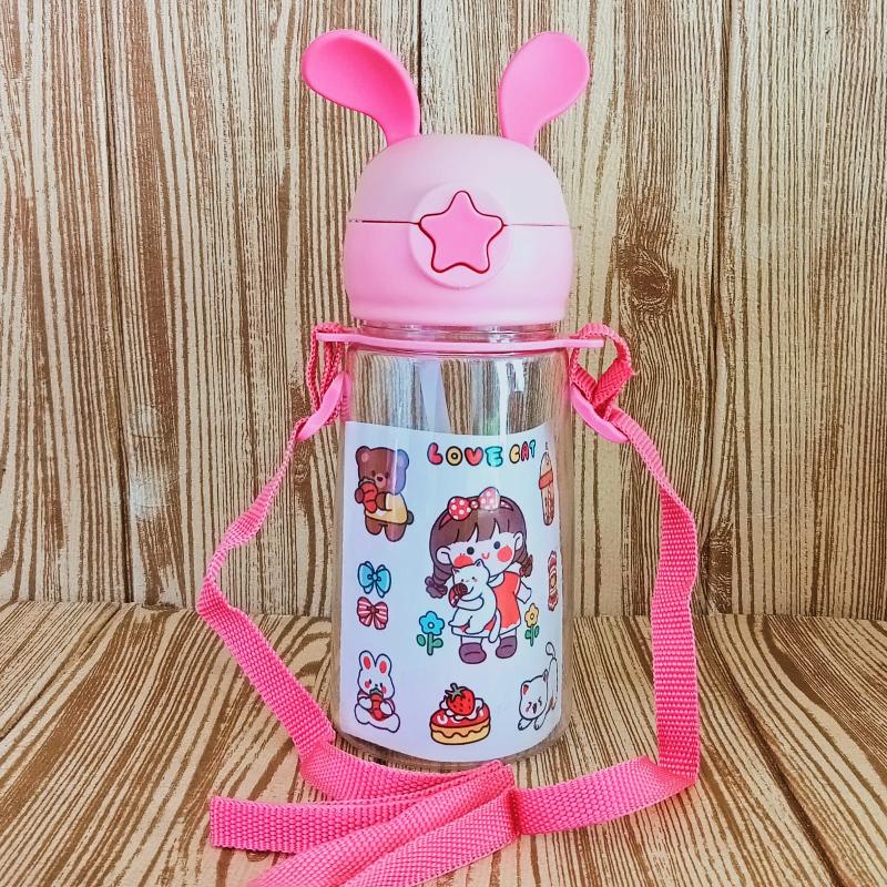 Botol Minum Anak Sekolah Karakter Rabbit Kelinci 500ml Ada Tali Panjang dan Stiker Lucu