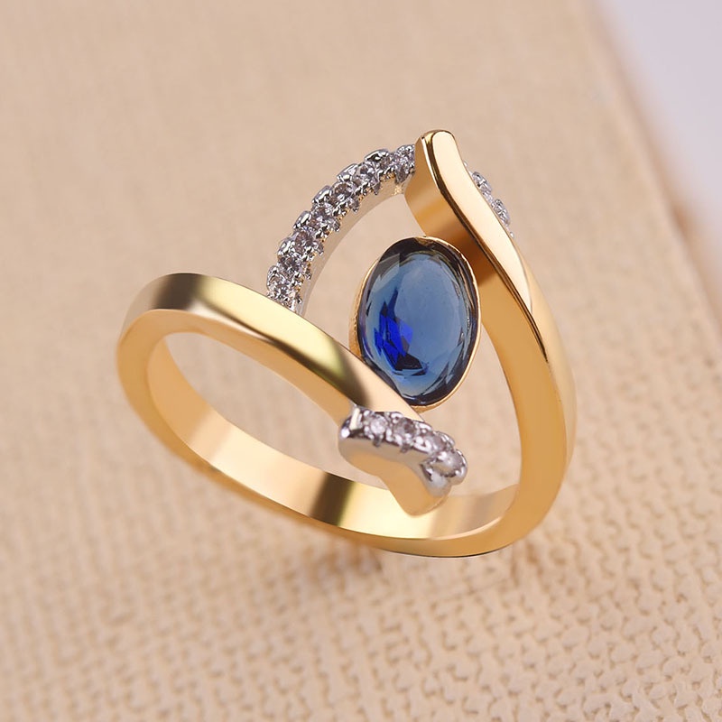 perak asli 925 cincin emas Wanita Perhiasan Fashion Batu Permata Biru CCB58