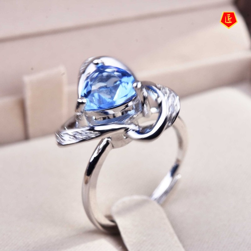 [Ready Stock]Creative Flower Triangle Natural Blue Topaz Ring