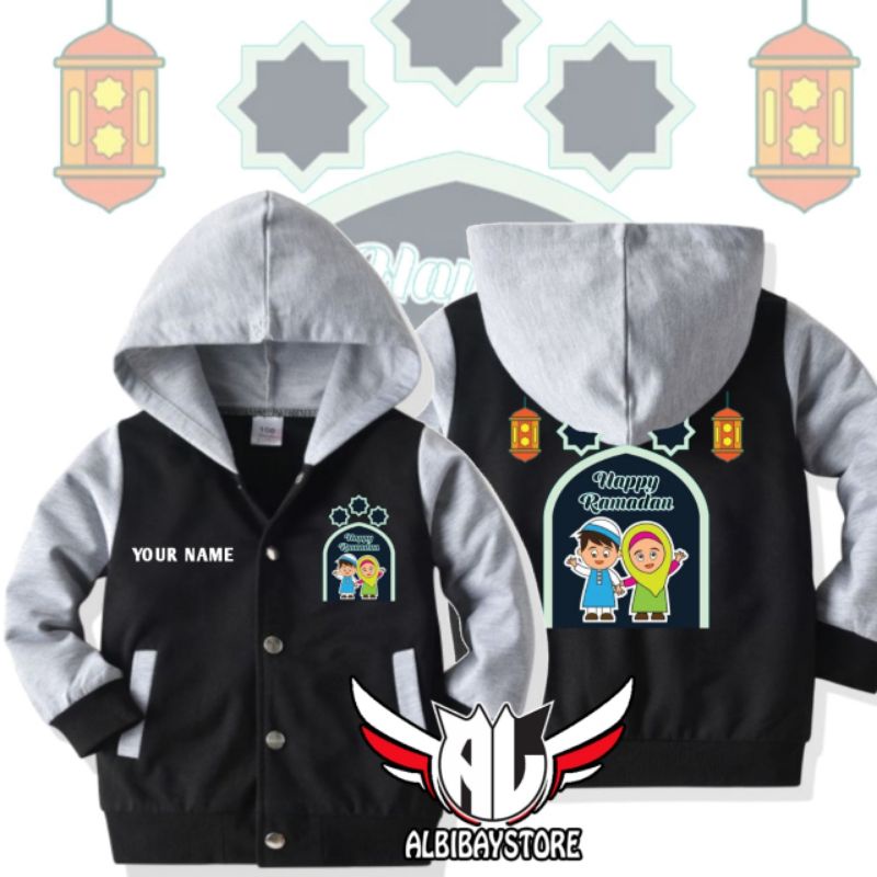 Jaket Hoodie Farsity Anak HAPPY RAMADHAN BISA REQUEST NAMA ANAK Ausia 2-12 tahun