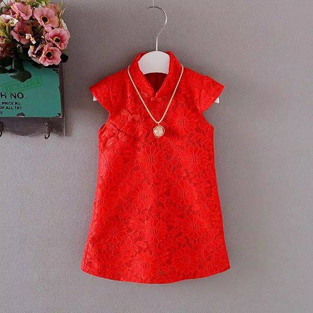 DRESS ANAK IMPORT MURAH IMLEK NATAL RED BROKAT CHEONGSAM LENGAN PENDEK DAN KALUNG