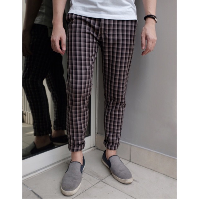 Tartan brown black square long pants slim fit coklat  hitam 