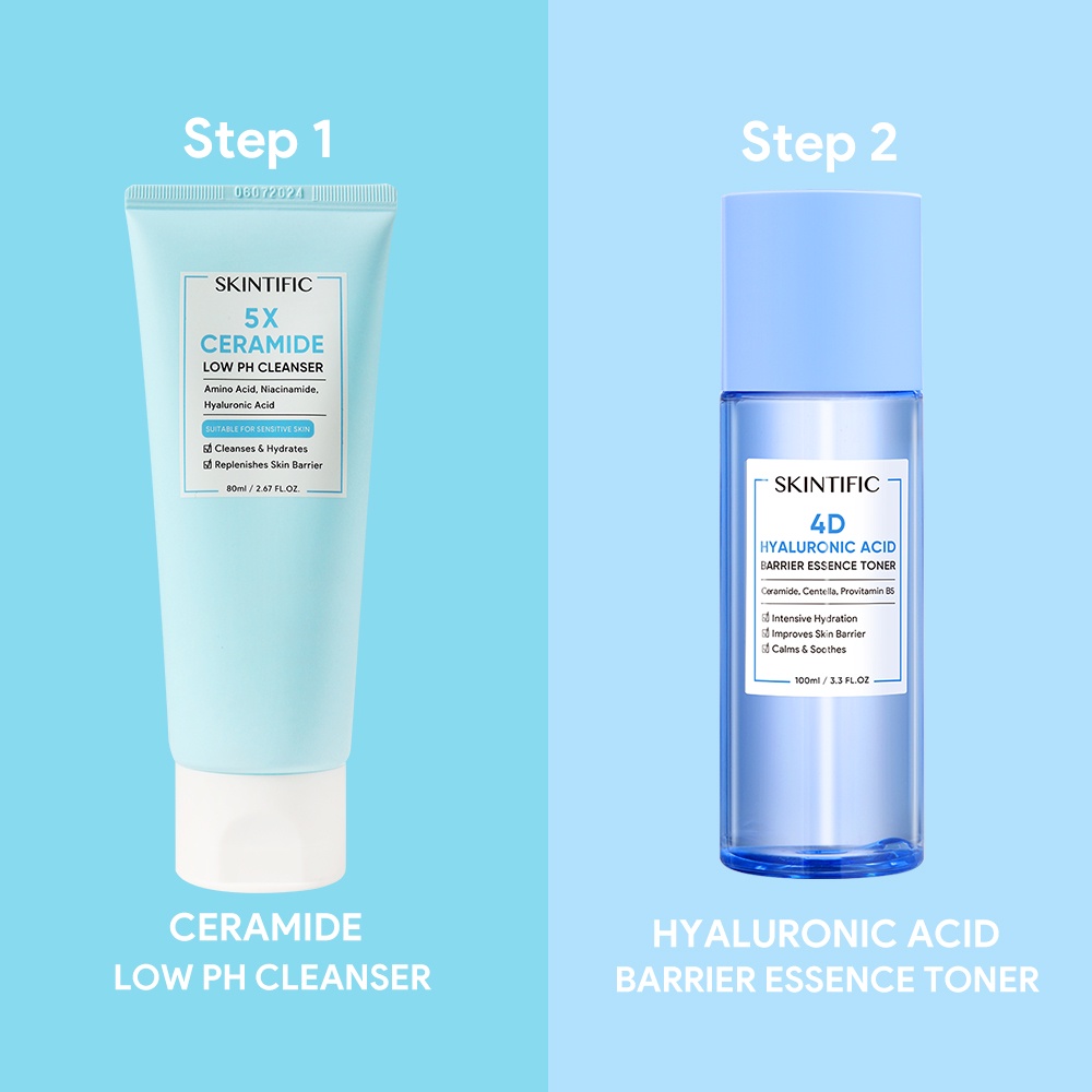 SKINTIFIC 5% Ceramide Low pH Cleanser 80g &amp; 4%HA Barrier Essence Toner 100ml Daily Essential Suit