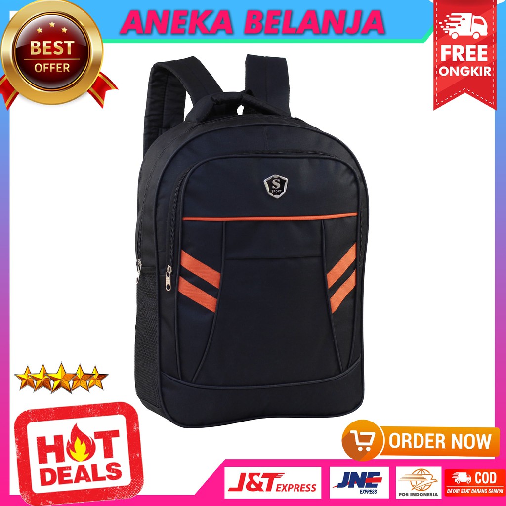 Ransel Cowok Model Sport Warna Hitam Garis Pinggir Orange Tas Punggung Pria Berkualitas Ekonomis Multifungsi