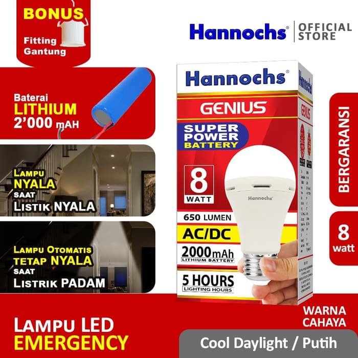 HANNOCHS Lampu Led Emergency Genius 8 Watt / Lampu LED AC/DC / Lampu Darurat