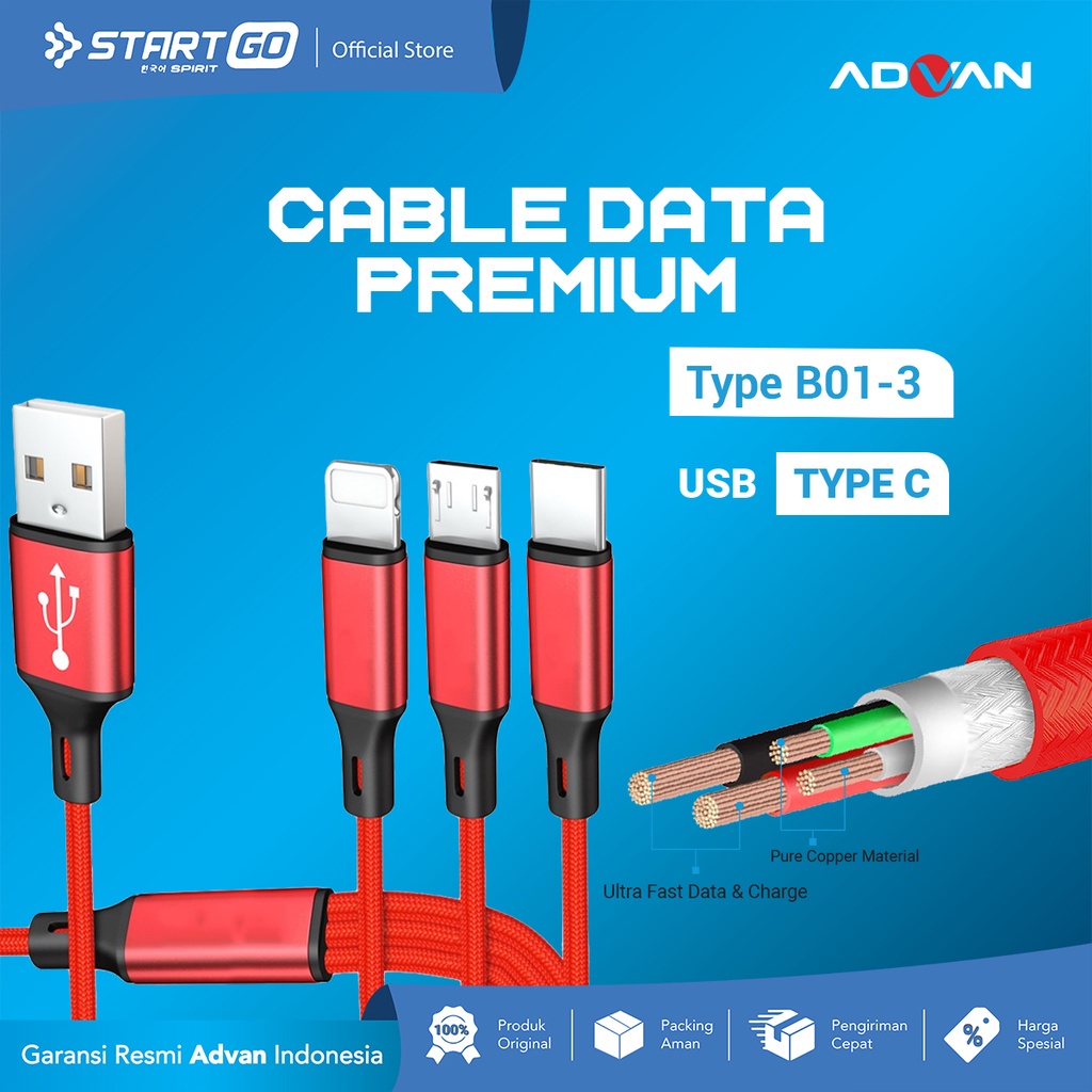 STARTGO Kabel Data Premium B01-3 3in1 Micro Lightning TYPE C 1.25m Kabel Charger ORIGINAL