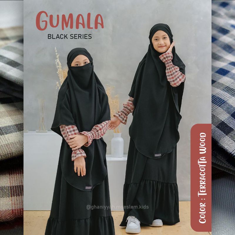 GUMALA BLACK SERIES SET FRENCH KHIMAR BY GHANIYYAH MOESLEM KIDS TERBARU / GAMIS SYAR'I JETBLACK WOOL