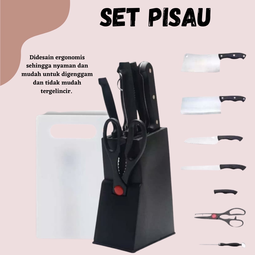 Pisau Set 7in1 Kayu Stainless Steel Dapur Daging Buah Sayur Multifungsi Tanpa Talenan