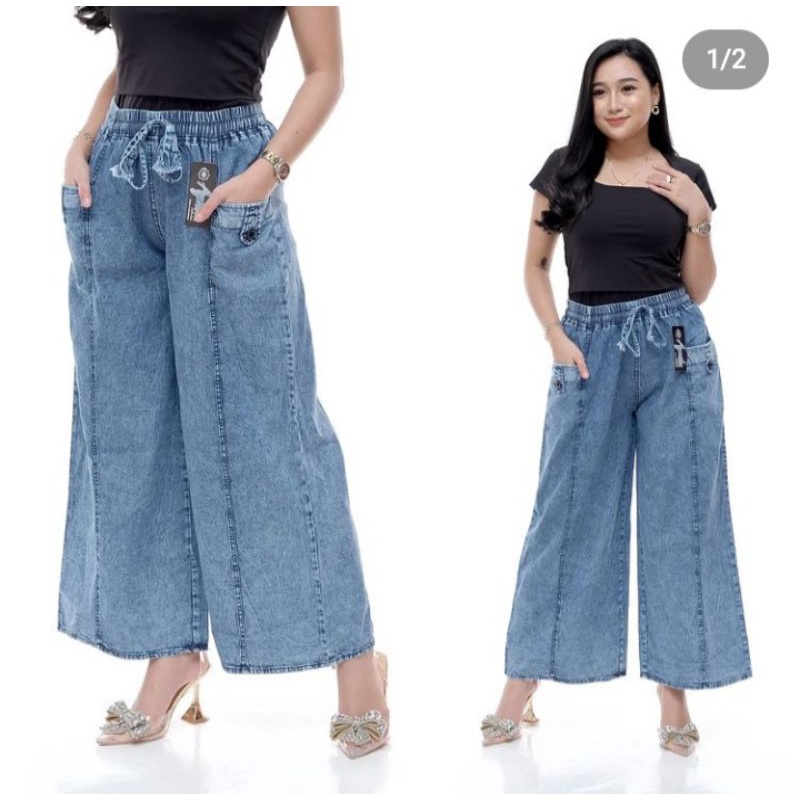 celana jeans kulot wanita kekinian jumbo rawis/lipat