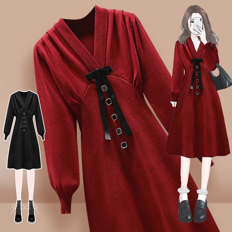 Large women's new year dress women's 2021 autumn and winter new style temperament slim waist red kni