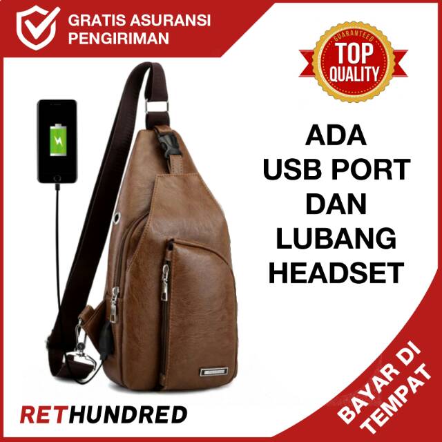 Tas Selempang Slempang Sling Bag Pria Kulit USB Port Lubang Headset Tas Pria Asli Original USB Port