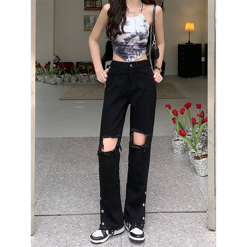 Red wanita jeans high-waist robek micro-flare wanita 2022 model baru Hong Kong celana wide-leg desain ceruk