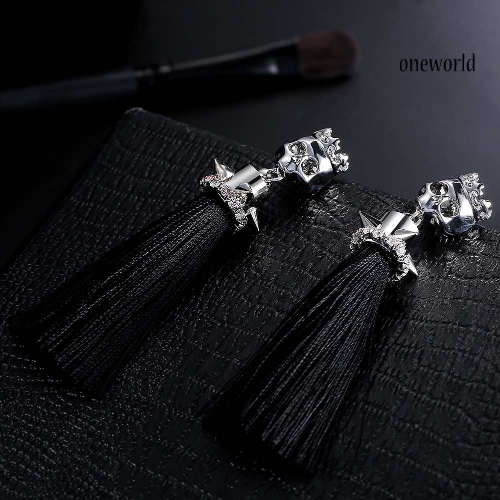 OW@ Women's Fashion Plated Alloy Zircon Skull Shape Tassels Dangle Earrings Jewelry