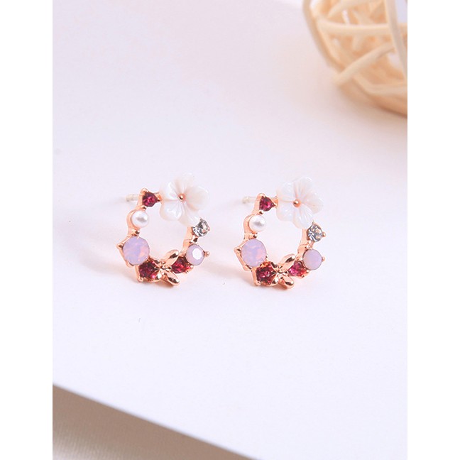 LRC Anting Tusuk Fashion Flower Pearl Crystal Shell Earrings D09854