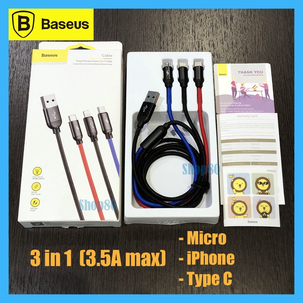 Baseus 3 in 1 Cable Micro iPhone Lightning Type C Kabel Data Charger Primary 3in1 Fast Charging 3.5A