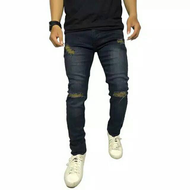 Promo Jeans - Celana Pria Sobek Lutut Panjang Bawahan Skinny Cowok Ngaret Stretch Ripped Levis Murah