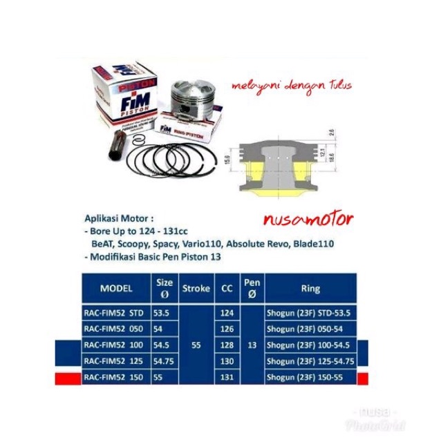 Piston kit beat vario revo absolute blade Xb FIM 53.5 54 54.5 55 pin 13 FIM52-4