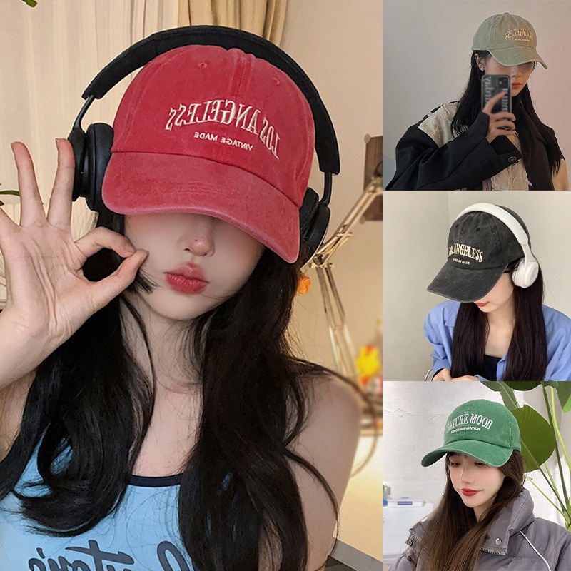 Topi Baseball Motif Bordir Tulisan Bahan Katun Denim Gaya Korea Retro