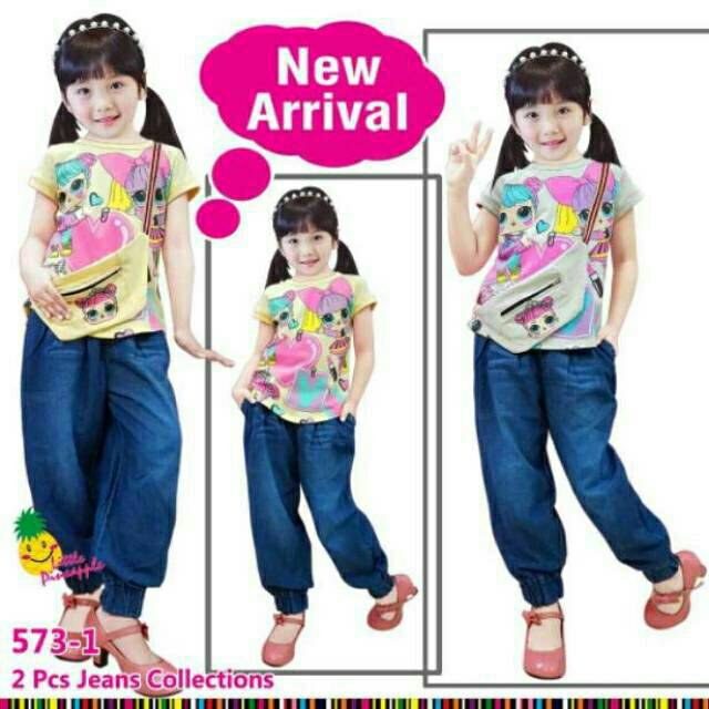 Stelan anak + soft jeans usia 2-8 Th + Tas motif LOL surprise original by little pineapple