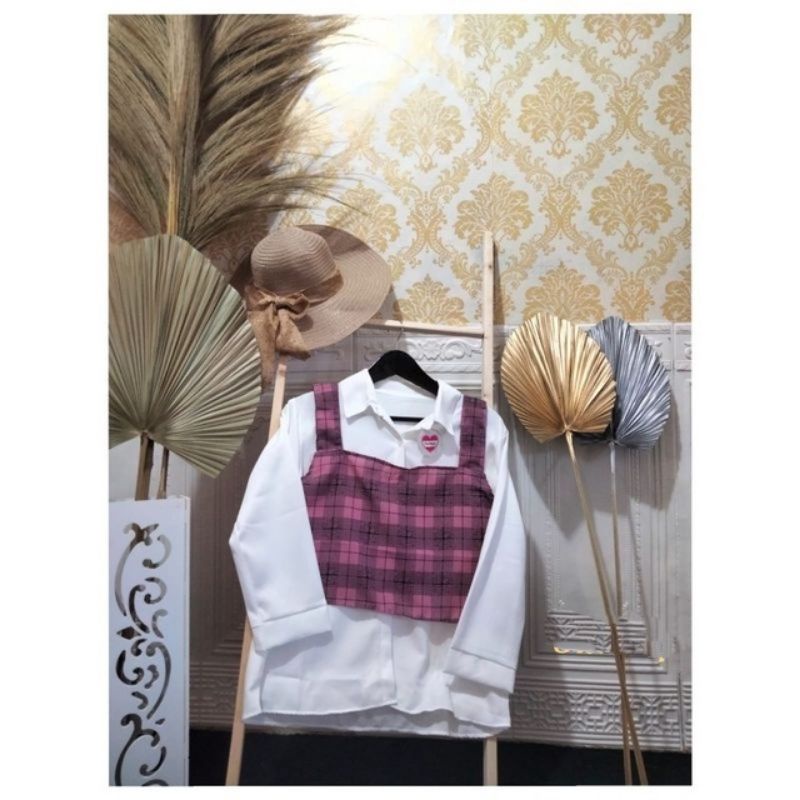 blus kemeja wanita 2in1 two tone mix kotak ungu
