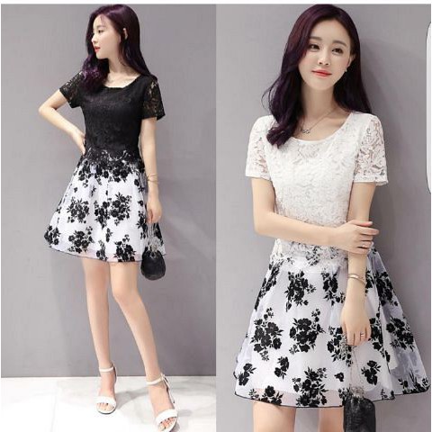 [Dress Flower Brukat Varian Warna RO] Dress Wanita Spandex Varian Warna