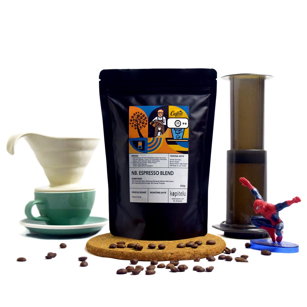 

Kopitelu NB - Espresso Blend (70% Gayo Arabika & 30% Kerinci Kayu Aro) 250 Gram