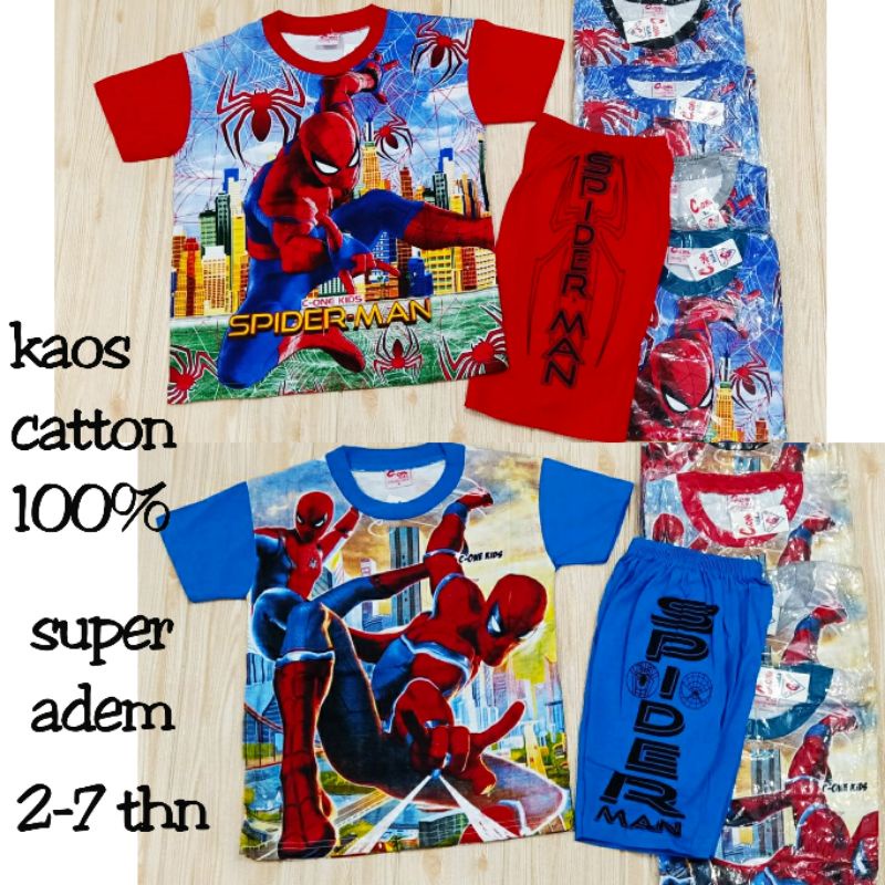 SETELAN SPIDERMAN PENDEK PREMIUM ADEM 2-10 THN-BAJU ANAK FULL PRINT