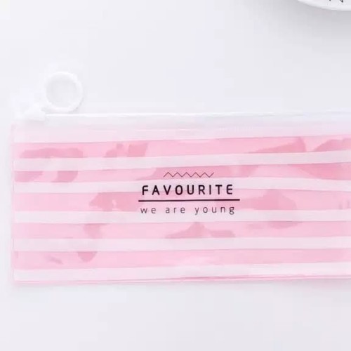 TEMPAT PENSIL TRANSPARAN / TEMPAT PENSIL TRANSPARAN MOTIF / ZIPPER BAG TRANSPARAN-PINK GARIS