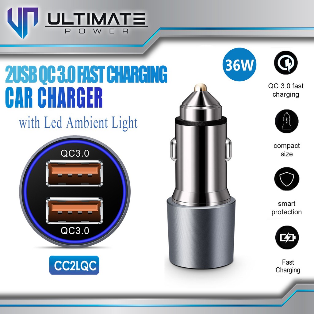 Ultimate Power PD+QC Fast Charging Car Charger with LED Ambient Light original100%asli