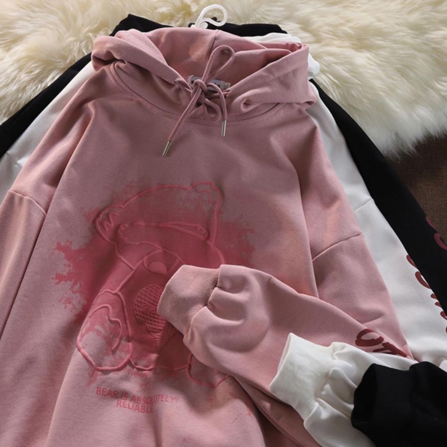 [littlecrab] Hoodie Oversize Bear Tutup Mata Splash Lucu Imut Hoodie Pink Bordir Timbul Elegan Bemesho Bear is Absolutely Reliable Cute Couple Unisex Hoodie Street Style Teddy Bear Hide And Seek Korean Style