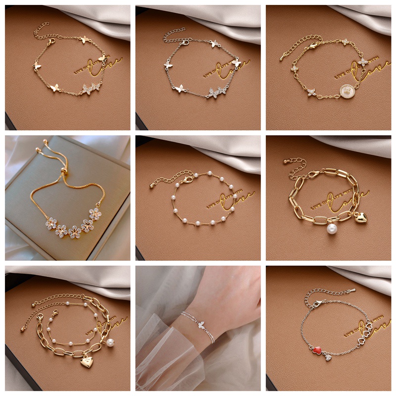 Women Pearl Crystal Bracelet Gelang Korean Fashion Love Flower Star Butterfly Bracelet Jewelry Birthday Gift