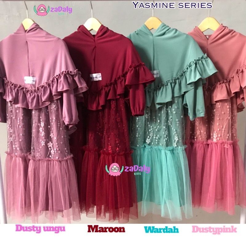 set gamis anak tile bunga mix tile polos super halus “yasmine series