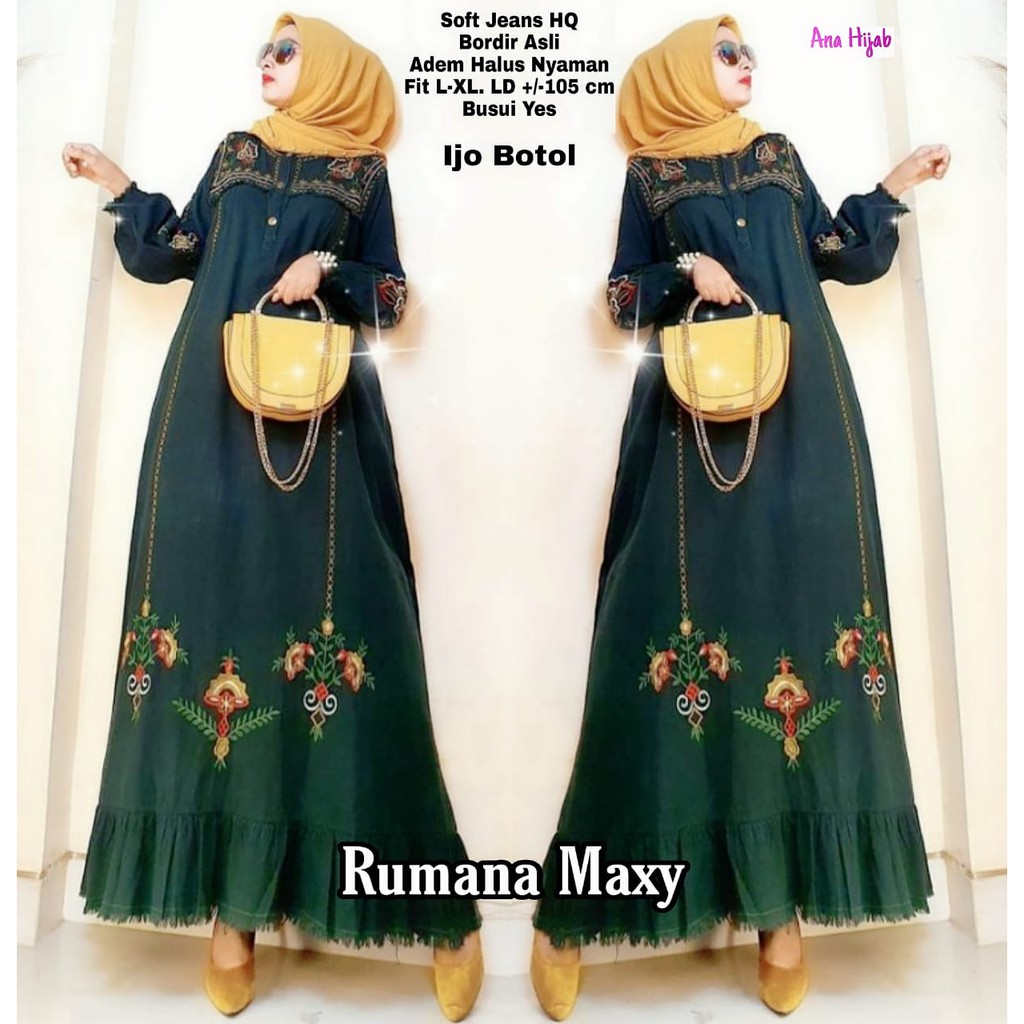 RUMANA MAXY BY ANA HIJAB SOFT JEANS DRESS BORDIR TASIK GAMIS JEANS MUSLIM SERAGAMAN