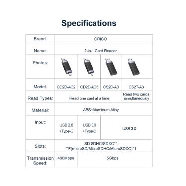 Type-c Usb A 2.0 card reader memory orico SD TF micro sd 480Mbps read single cd2d-ac2 - pembaca kartu memori